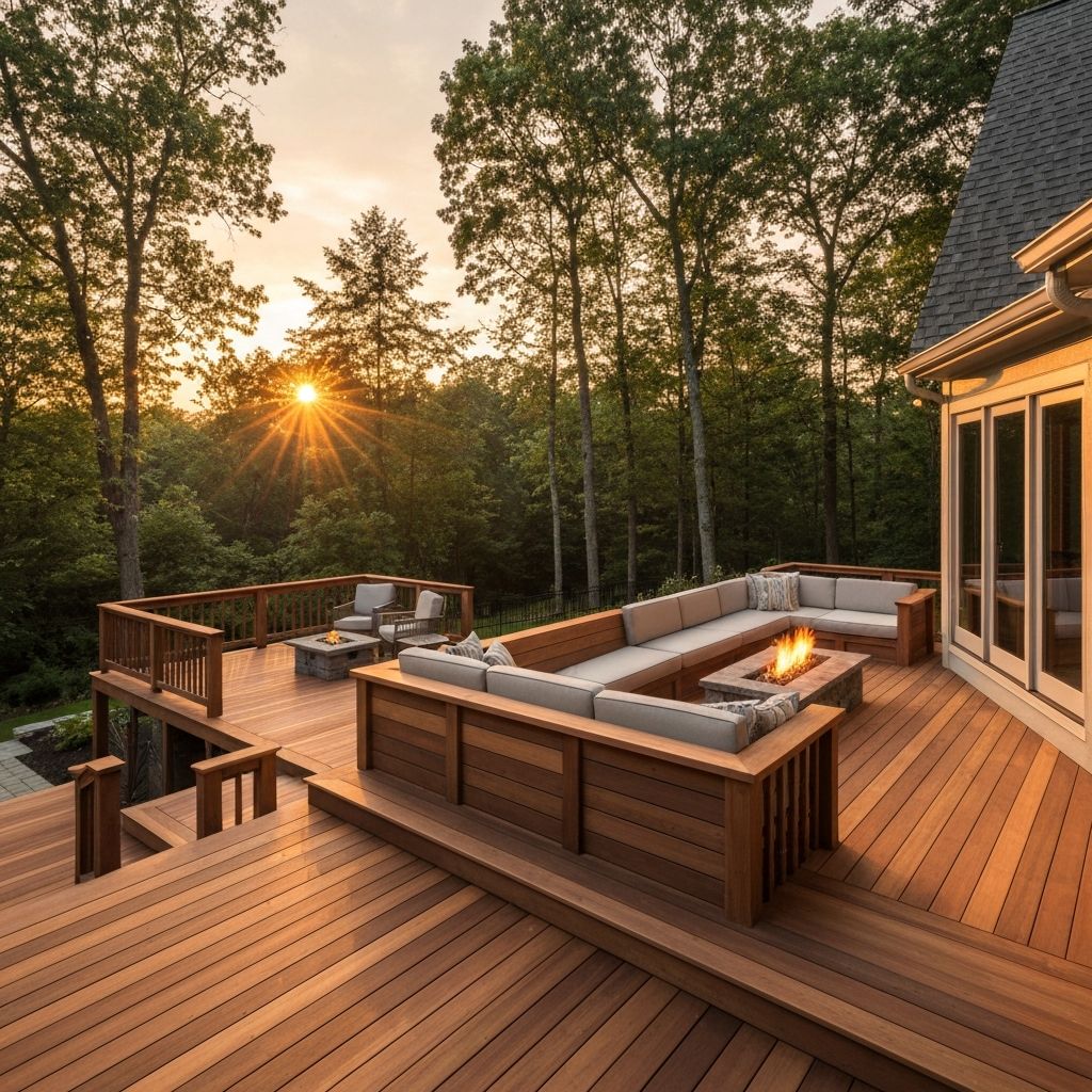 Cedar deck builder New Maryland NB - Tiered deck with fire pit area